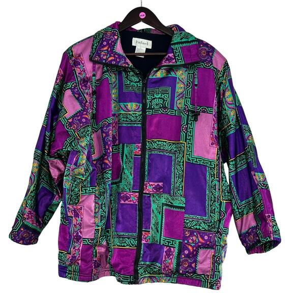 Vintage 90s Rafael Satin Jacket L Purple Teal Geometric Print Retro Statement - Picture 1 of 7